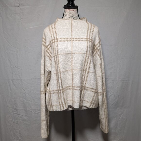 Tahari Women's Beige Cream Plaid‎ Mock Neckline Soft Knit Textured Sweater - Picture 1 of 6